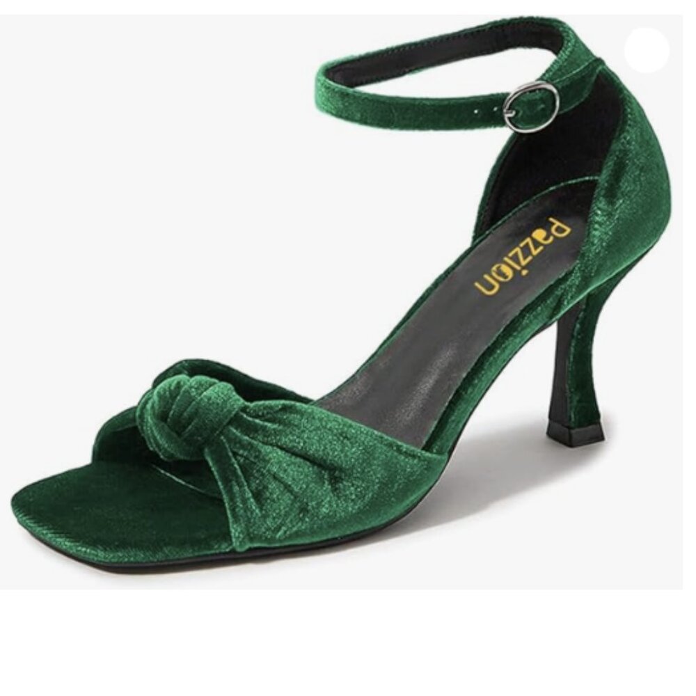 Pazzion Womens Graceful Bows Square Toe Sandals Soft Velvet High Heel Green Shoe